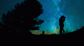 A whimsical image of the silhouette of a man and woman embracing. There is a silhouette of a tree on their left and stars and the moon light in the background.